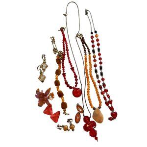 Vintage Red & Orange Beaded Necklace, Bracelet & Clip Earrings Jewelry Lot #2 -